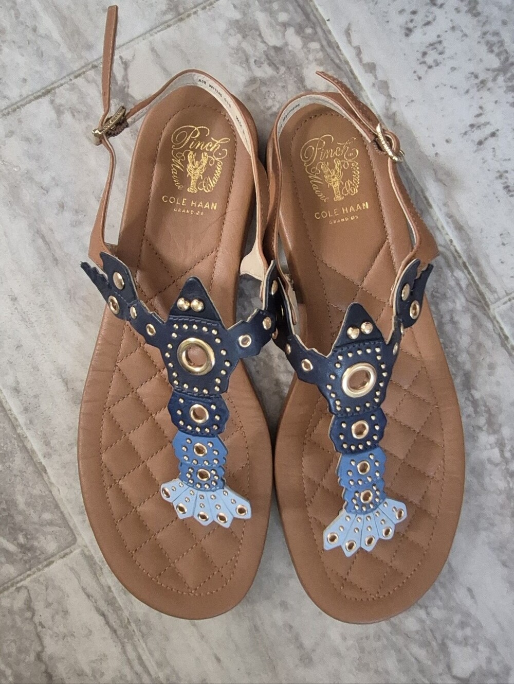 Cole Haan Tan Sandals with Navy Embellished T-Strap